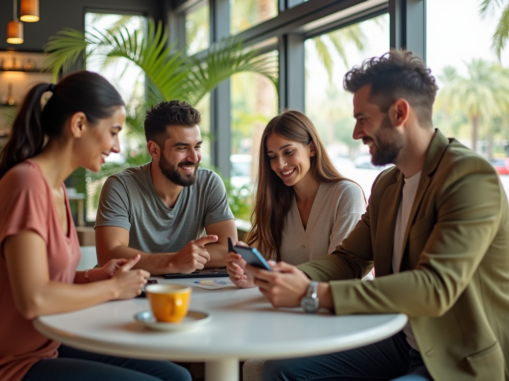 A group of four friends enjoys drinks and laughs while looking at a smartphone in a bright café setting.