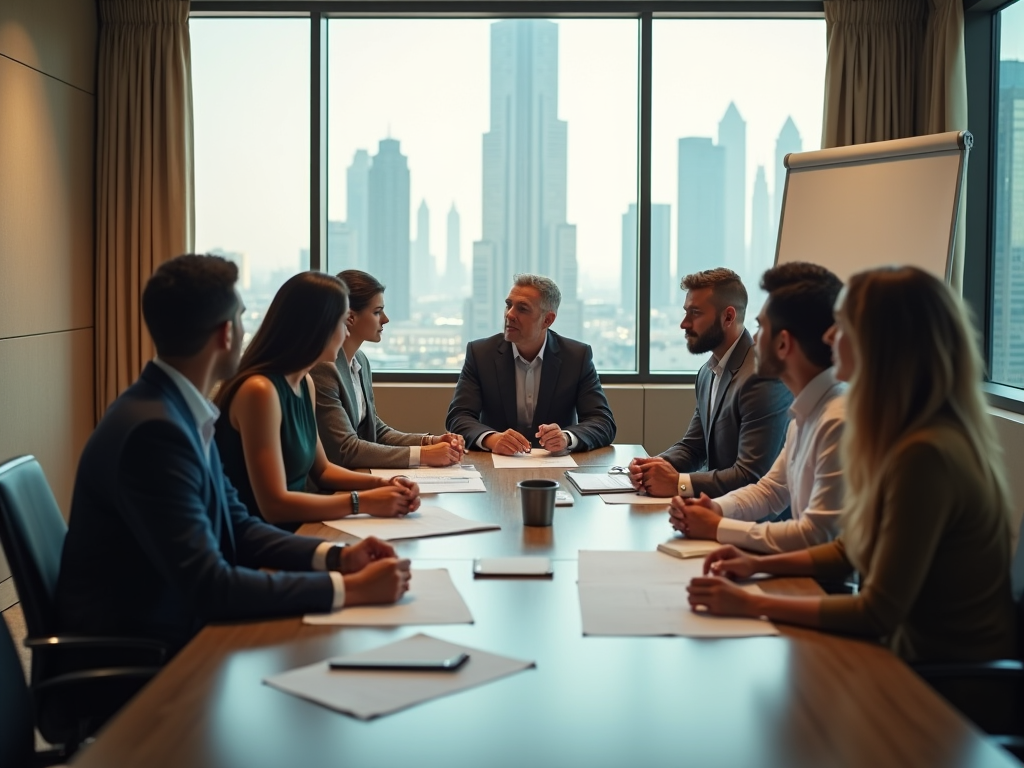 A group of professionals in a meeting room discussing, city skyline visible through window.