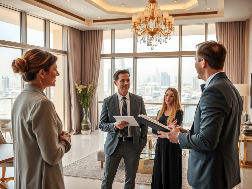 Four professionals discuss documents in a bright, elegant office with city views and stylish decor.