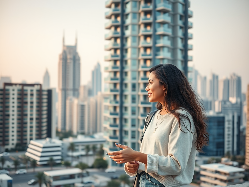 A woman smiles, gazing at a city skyline filled with tall buildings and skyscrapers in the background.