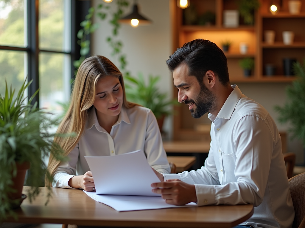 Man and woman reviewing documents together in a cozy café setting.