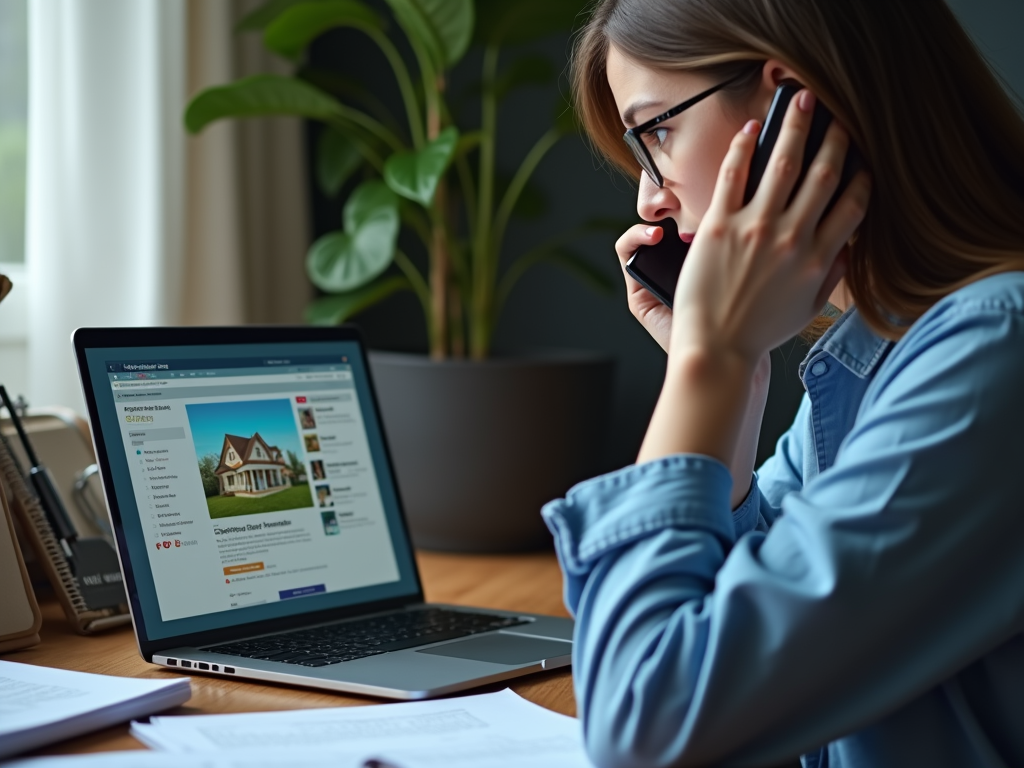 A woman in a blue shirt talks on the phone while working on a laptop at a wooden desk with a plant in the background.