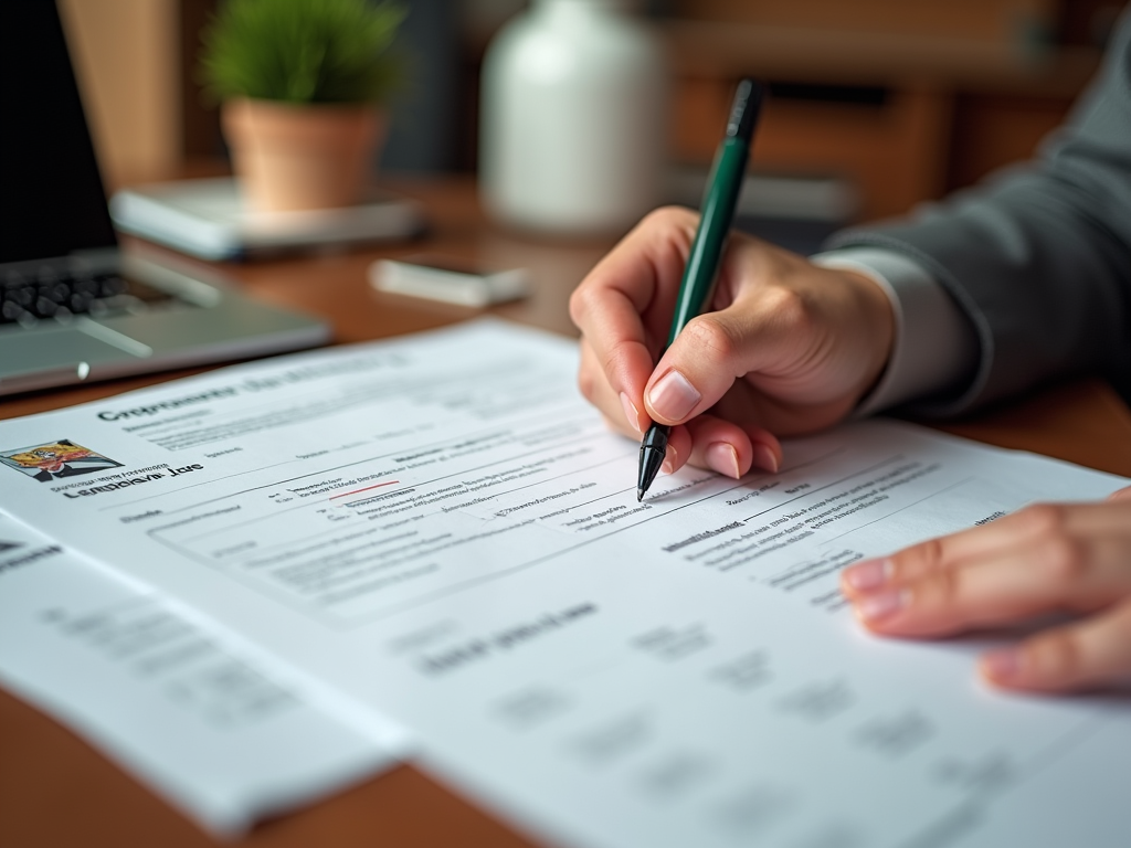 Close-up of a person filling out a form with a pen, with a blurred laptop and plant in the background.