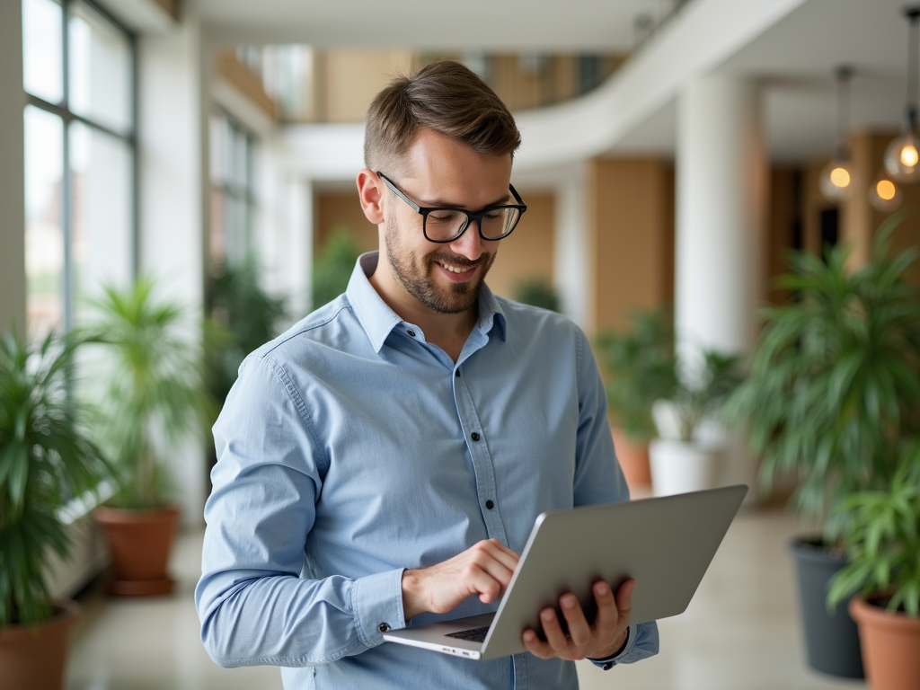 A man in a blue shirt smiles while using a laptop in a bright, plant-filled modern workspace.