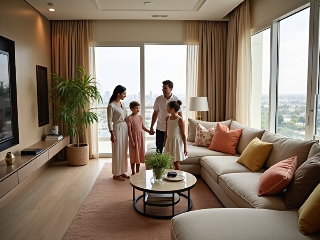 Family of four in a modern living room with cityscape view through large windows.