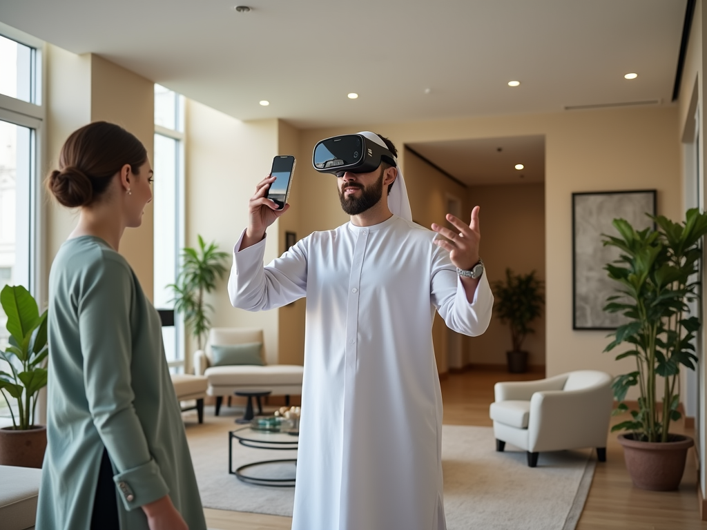 Man in VR headset demonstrates technology to attentive woman in a modern living room.